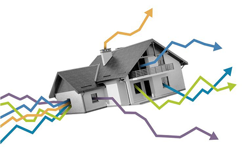 Photo illustration of house and line coming out of them