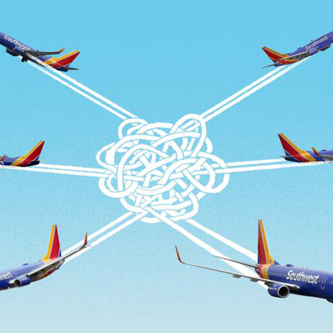Photo illustration of six Southwest airplanes entangled in their own condensation trails