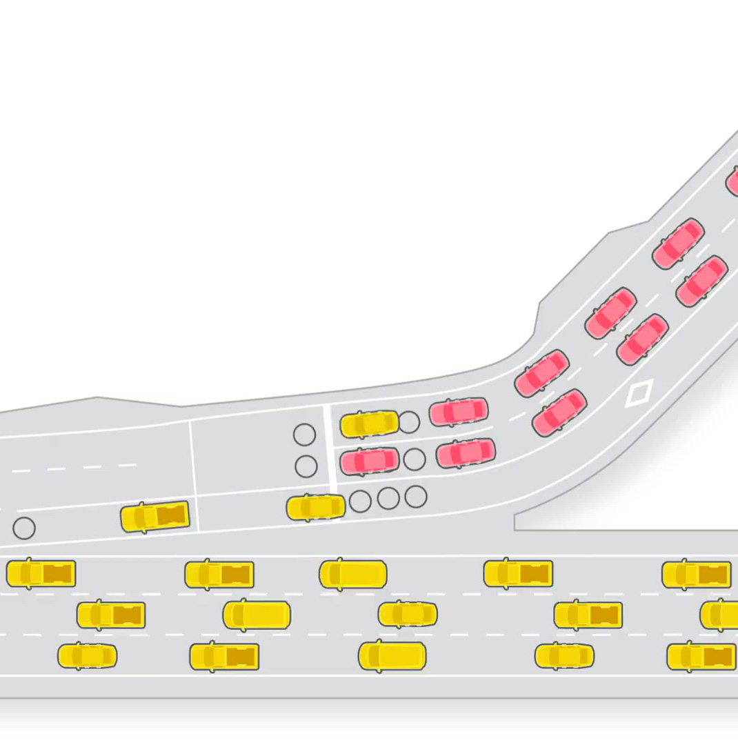 Animation of cars moving through ramp meters during fast traffic.