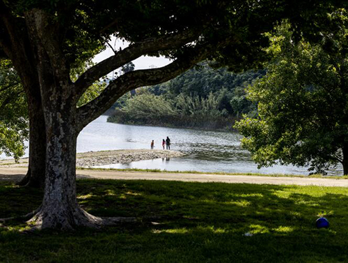 Several people stand beside a lake.