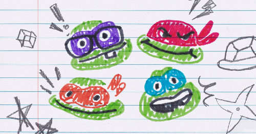 Marker drawings of the four Teenage Mutant Ninja Turtles arranged in an arc as if they were drawn in a teenager's notebook