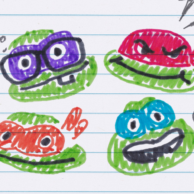 Marker drawings of the four Teenage Mutant Ninja Turtles arranged in an arc as if they were drawn in a teenager's notebook