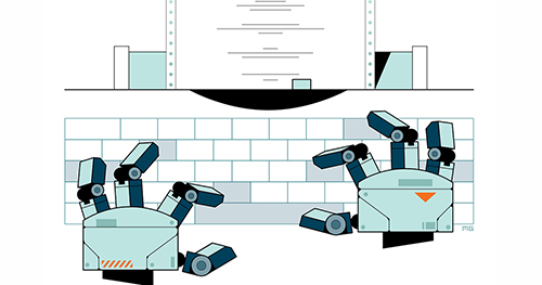 Illustration of robot hands typing a script.