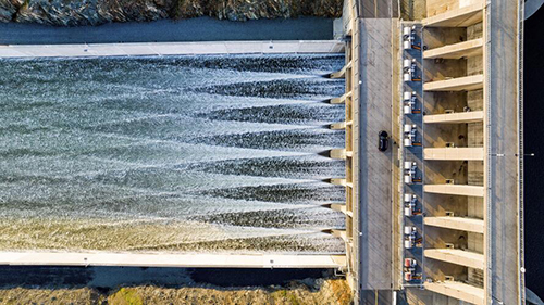 Aerial view of water flows through the Oroville Spillway