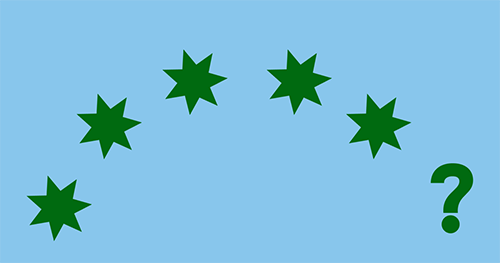 Flag style illustration with stars and a question mark.