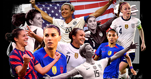 Photo illustration of past and current United States Women National Team players Abby Wambach, Mia Hamm, Hope Solo, Becky Sauerbrunn, Alex Morgan, Carli Lloyd, Megan Rapinoe, Sophia Smith and Alyssa Thompson.