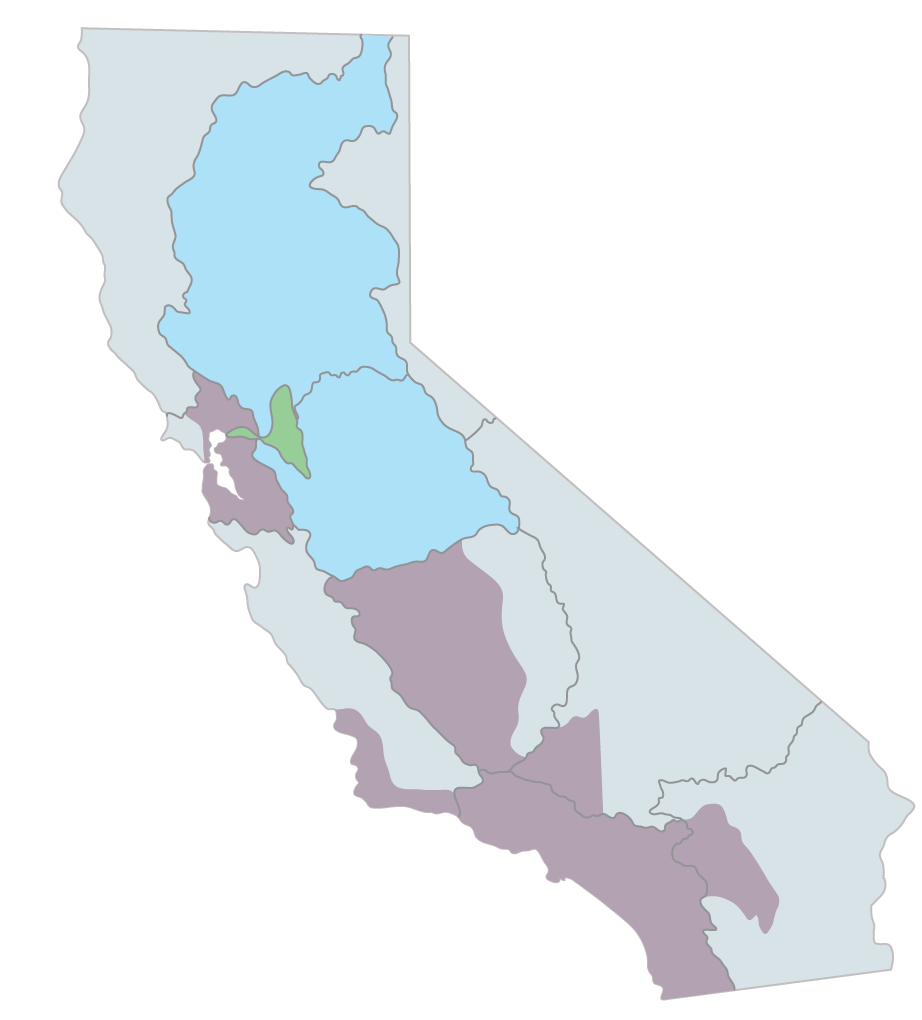 Map shows areas of the San Francisco Bay, Central California and Southern California where delta water is imported
