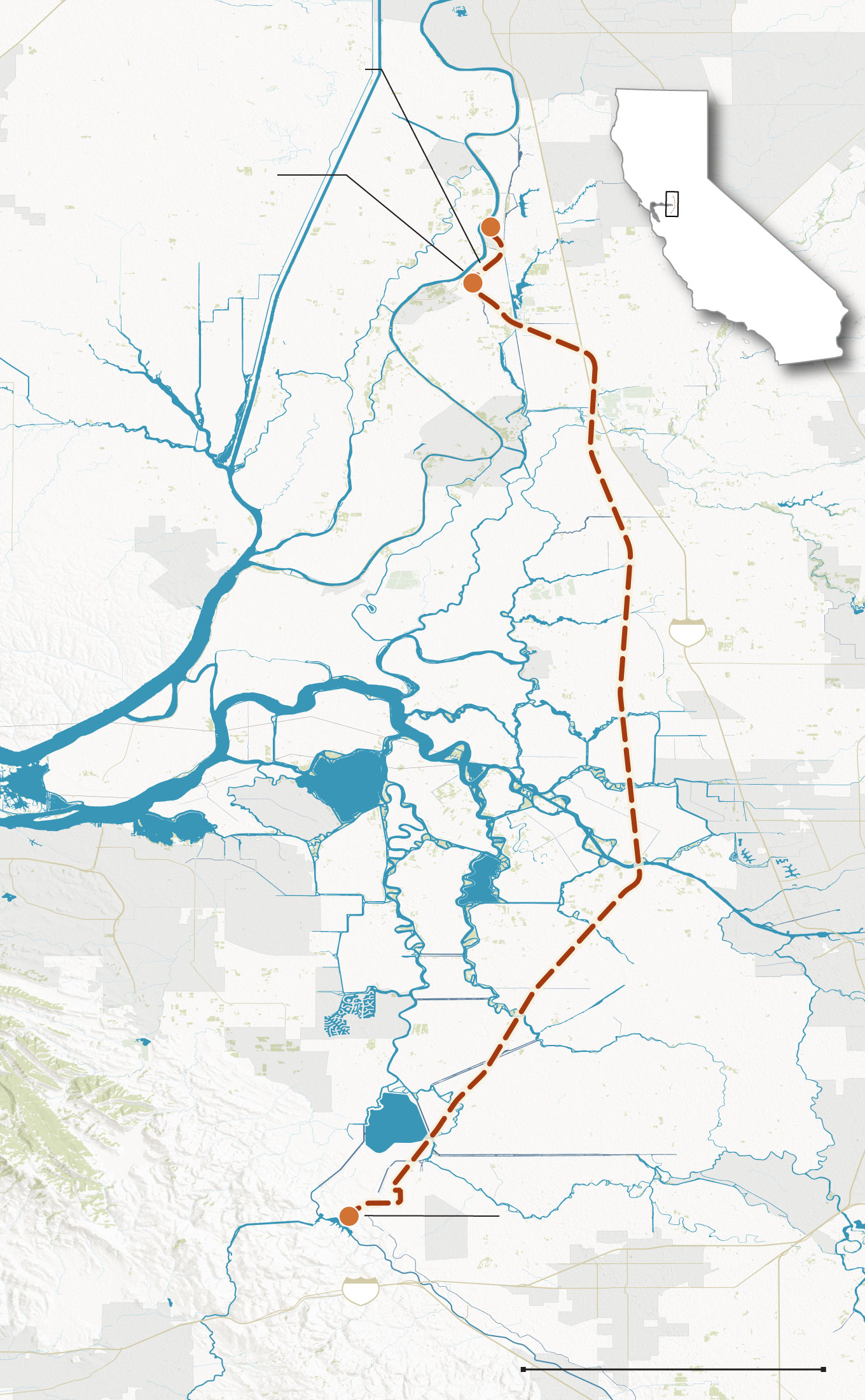 Map shows the path of the proposed delta tunnel near communities such as Hood, Courtland, Stockton and Discovery Bay