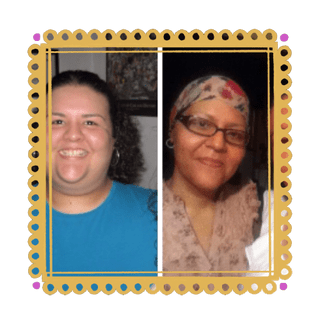 Foto de Claudia and Yolanda Baltazar adentro de un borde de papel picado amarillo con puntos rosas en las esquinas