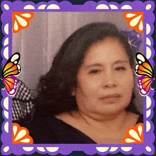 Photo of Teresa Pasillas in an illustrated frame of purple papel picado, with monarch butterfly wings.