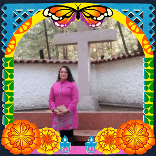 Photo of Gabriela Tello in an illustrated frame of blue and green papel picado, with a monarch butterfly, marigold flowers and candles.