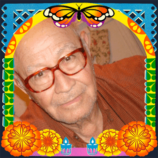 Photo of Leobardo Mendoza in an illustrated frame of blue and green papel picado, with a monarch butterfly, marigold flowers and candles.