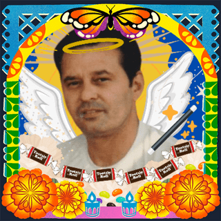 Photo of Dennis Delzangle in an illustrated frame of blue and green papel picado, with a monarch butterfly, marigold flowers and candles.