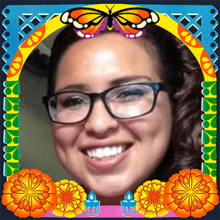 Photo of Jessica Garcia in an illustrated frame of blue and green papel picado, with a monarch butterfly, marigold flowers and candles.