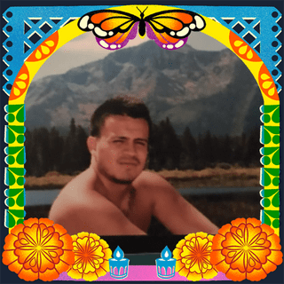 Photo of Damian Ramirez in an illustrated frame of blue and green papel picado, with a monarch butterfly, marigold flowers and candles.