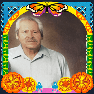 Photo of Filimon V GarcĂa in an illustrated frame of blue and green papel picado, with a monarch butterfly, marigold flowers and candles.