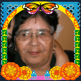Photo of Domitila Guzman in an illustrated frame of blue and green papel picado, with a monarch butterfly, marigold flowers and candles.