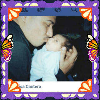 Photo of Rodolfo gil in an illustrated frame of purple papel picado, with monarch butterfly wings.