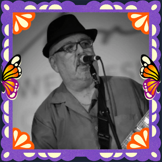 Photo of Rudy Salas Jr in an illustrated frame of purple papel picado, with monarch butterfly wings.