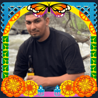 Photo of Ronnie Soto in an illustrated frame of blue and green papel picado, with a monarch butterfly, marigold flowers and candles.