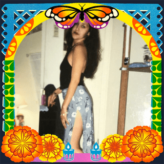 Photo of Elizabeth Ceceña in an illustrated frame of blue and green papel picado, with a monarch butterfly, marigold flowers and candles.