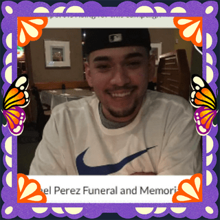 Photo of Michael Anthony Perez in an illustrated frame of purple papel picado, with monarch butterfly wings.