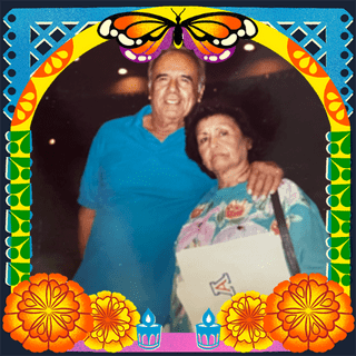 Photo of Alberto and Celia Fontes in an illustrated frame of blue and green papel picado, with a monarch butterfly, marigold flowers and candles.
