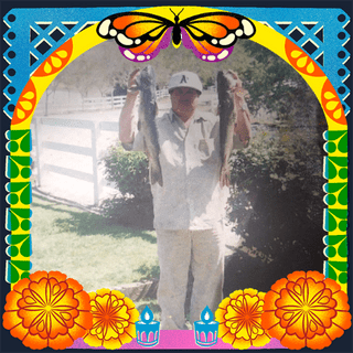 Photo of Cristobal ochoa in an illustrated frame of blue and green papel picado, with a monarch butterfly, marigold flowers and candles.