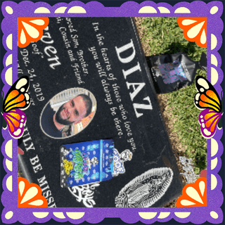 Photo of Steven diaz in an illustrated frame of purple papel picado, with monarch butterfly wings.