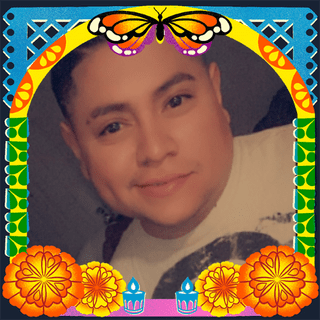 Photo of Jose “Woody” Uriel Hernandez in an illustrated frame of blue and green papel picado, with a monarch butterfly, marigold flowers and candles.