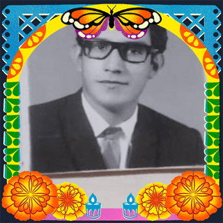 Photo of Rene Hiram Barrios in an illustrated frame of blue and green papel picado, with a monarch butterfly, marigold flowers and candles.