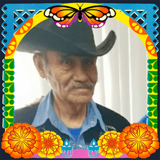 Photo of Benjamin Calvillo in an illustrated frame of blue and green papel picado, with a monarch butterfly, marigold flowers and candles.