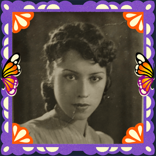 Photo of Valentina in an illustrated frame of purple papel picado, with monarch butterfly wings.