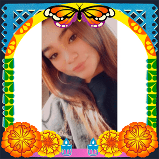 Photo of Olivia Duran in an illustrated frame of blue and green papel picado, with a monarch butterfly, marigold flowers and candles.