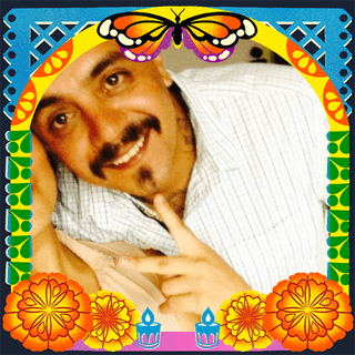 Photo of Jose Chavez in an illustrated frame of blue and green papel picado, with a monarch butterfly, marigold flowers and candles.