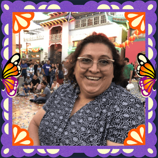 Photo of Rosa Maria Patiño in an illustrated frame of purple papel picado, with monarch butterfly wings.