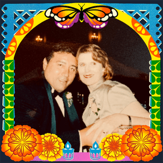Photo of Margie and Camilo in an illustrated frame of blue and green papel picado, with a monarch butterfly, marigold flowers and candles.