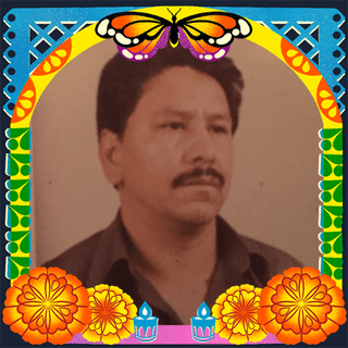 Photo of Rodolfo camacho in an illustrated frame of blue and green papel picado, with a monarch butterfly, marigold flowers and candles.