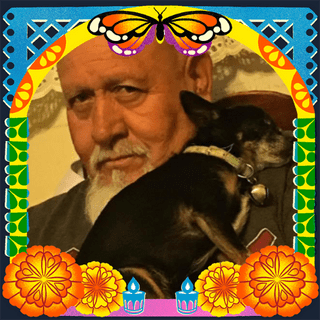 Photo of Alfredo cota (Tata Cota) in an illustrated frame of blue and green papel picado, with a monarch butterfly, marigold flowers and candles.