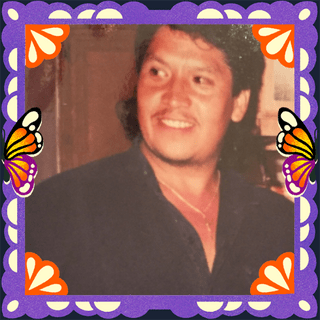Photo of Manuel Pena in an illustrated frame of purple papel picado, with monarch butterfly wings.
