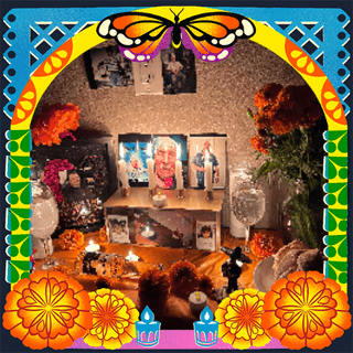 Photo of Reno, Nathan, Stacy, dad, grandpas, Jesus in an illustrated frame of blue and green papel picado, with a monarch butterfly, marigold flowers and candles.