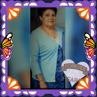 Photo of Sylvia Rodriguez in an illustrated frame of purple papel picado, with monarch butterfly wings.