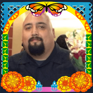 Photo of Jay Vargas in an illustrated frame of blue and green papel picado, with a monarch butterfly, marigold flowers and candles.