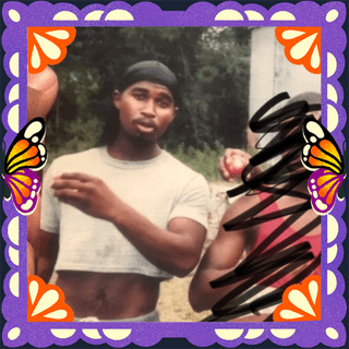 Photo of Moses Gaskin in an illustrated frame of purple papel picado, with monarch butterfly wings.