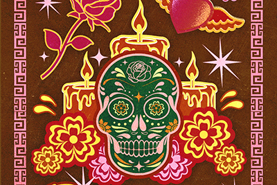 An illustration of a sugar skull, marigolds and candles.