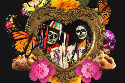 People in Dia De Muerto makeup with flowers and butterflies.