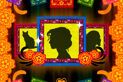 Silhouettes of a cat and people are shown in picture frames.