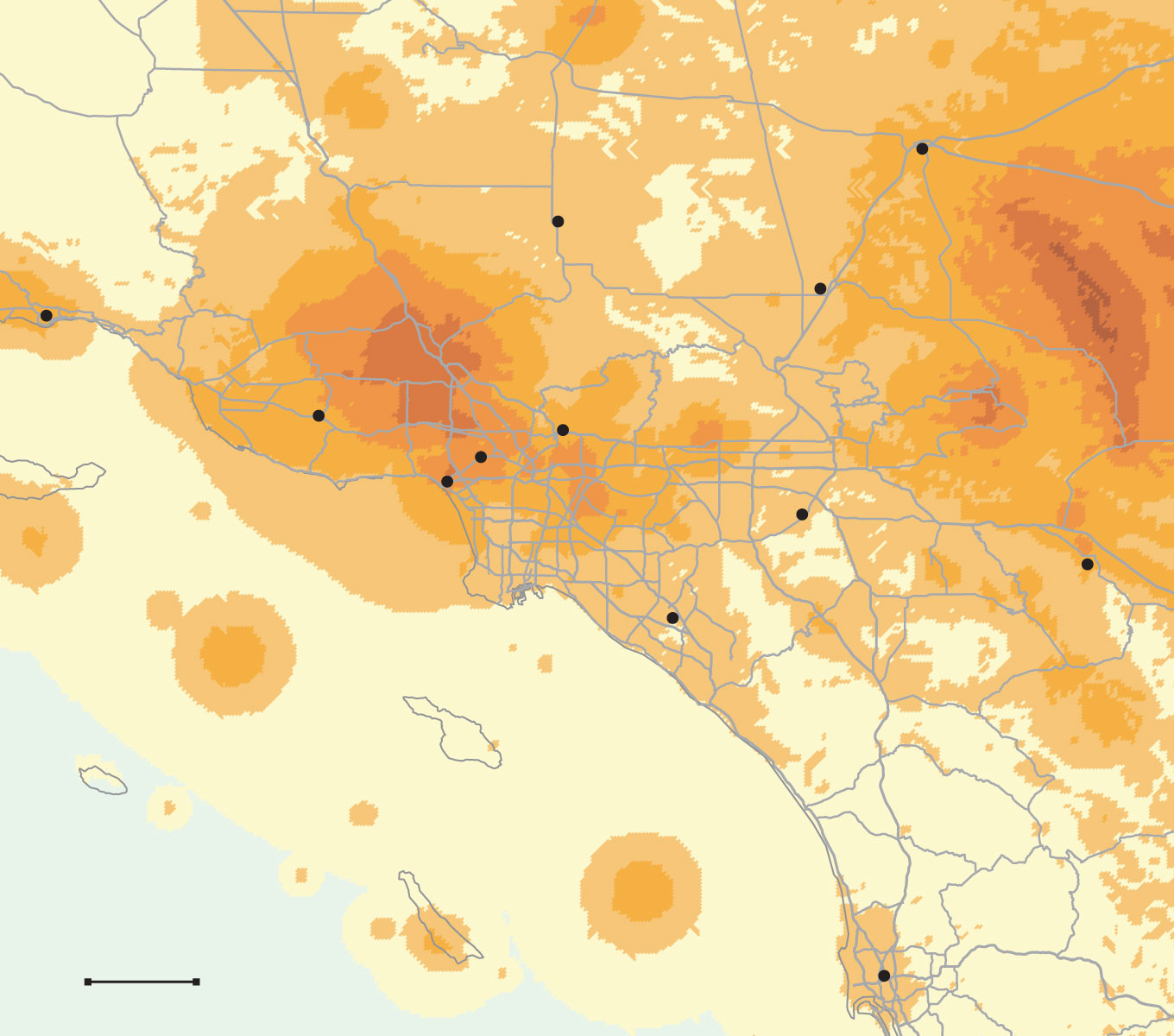 Map shows Southern California earthquake intensities over the last 50 years. Areas that felt the strongest earthquakes include the San Fernando Valley and east of Victorville.
