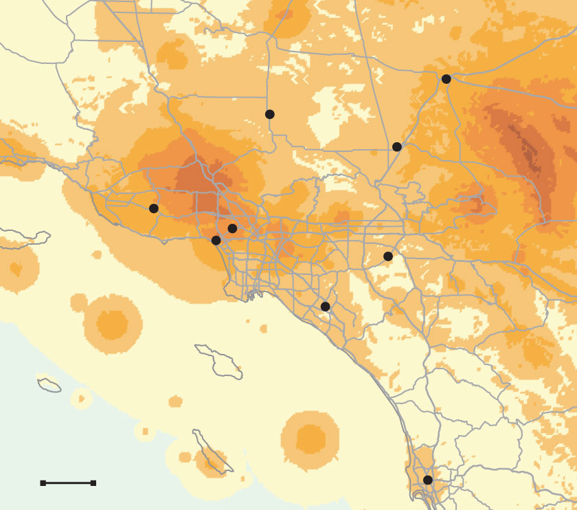 Map shows Southern California earthquake intensities over the last 50 years. Areas that felt the strongest earthquakes include the San Fernando Valley and east of Victorville.