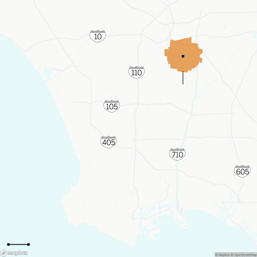 A map of Southern California showing the Exide facility and DTSC cleanup area in Los Angeles. The cleanup area is just southwest of Downtown L.A. and encompasses part of East Los Angeles.